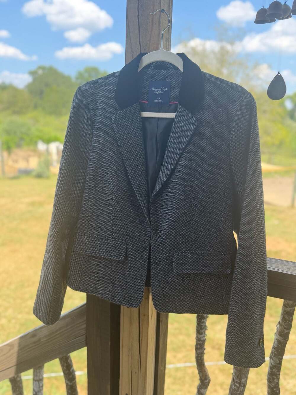 American Eagle Outfitters Women's Gray Metallic Tweed Blazer with Black Velvet C